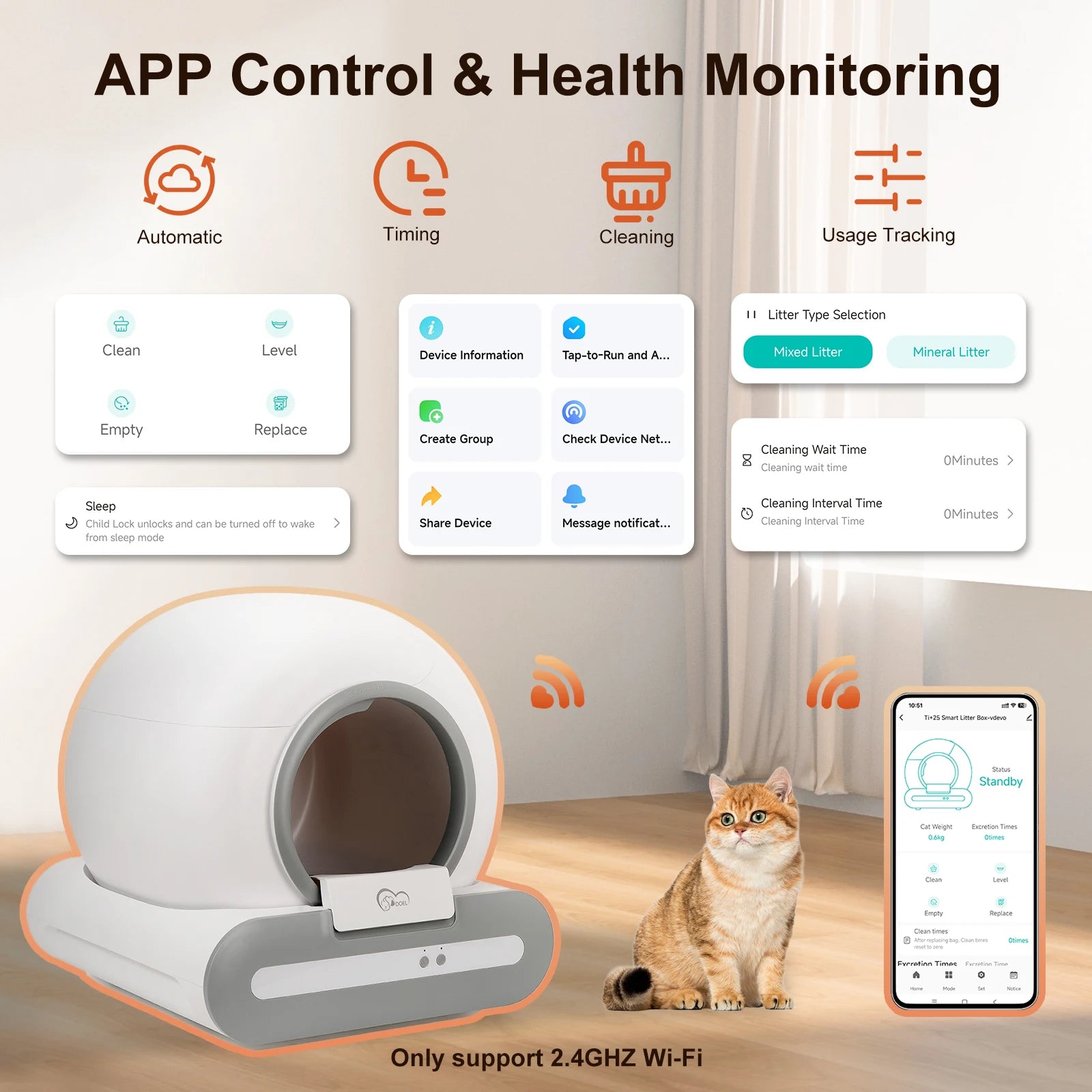 Automatic Self-Cleaning Cat Litter Box with App Control & Litter Mat