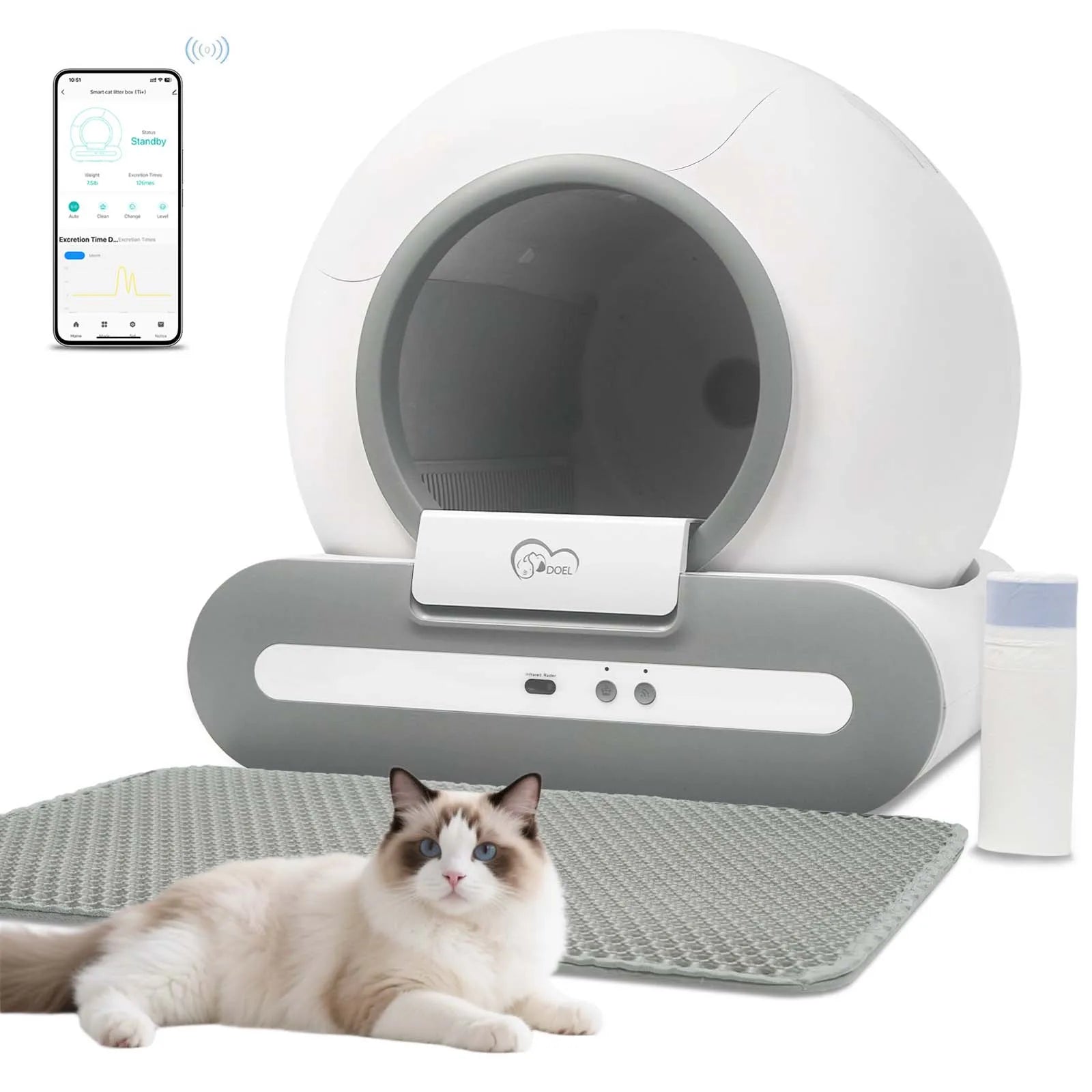 Automatic Self-Cleaning Cat Litter Box with App Control & Litter Mat
